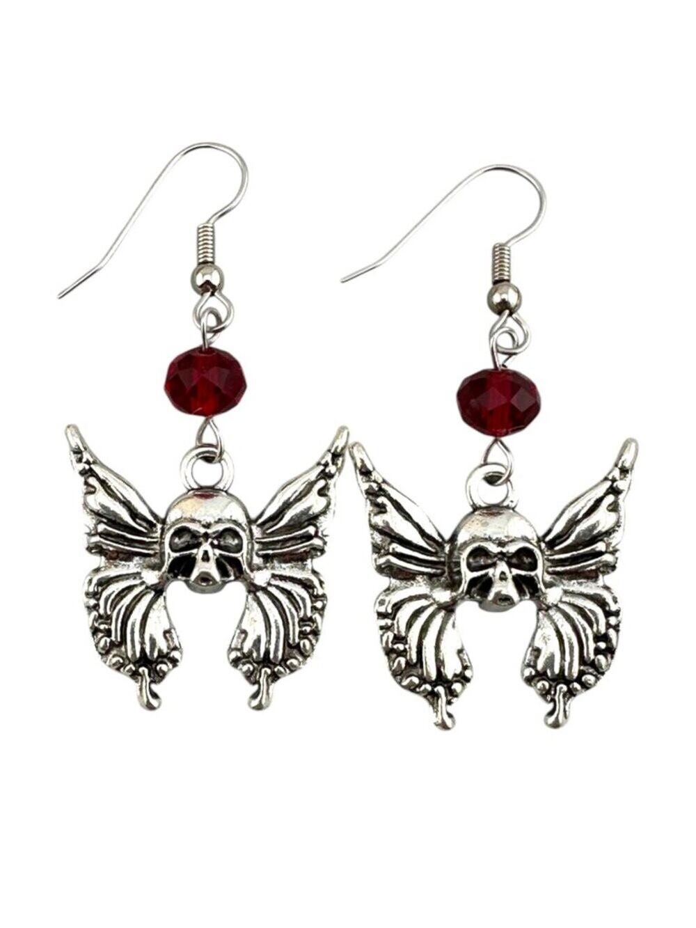 Winged Skull Earrings Red Crystal Gothic Halloween Silver Tone Dangle